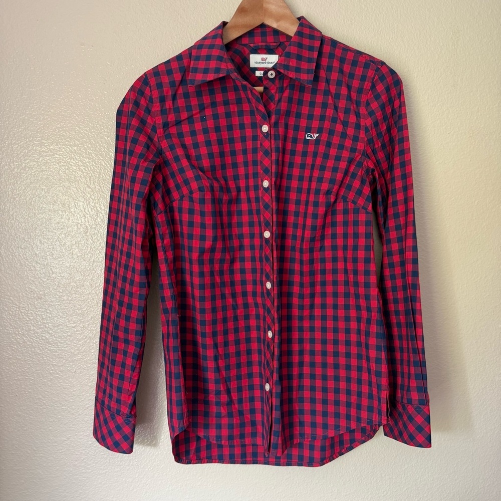 Vineyard Vines Gingham Navy and Red Checkered Button-Down Shirt